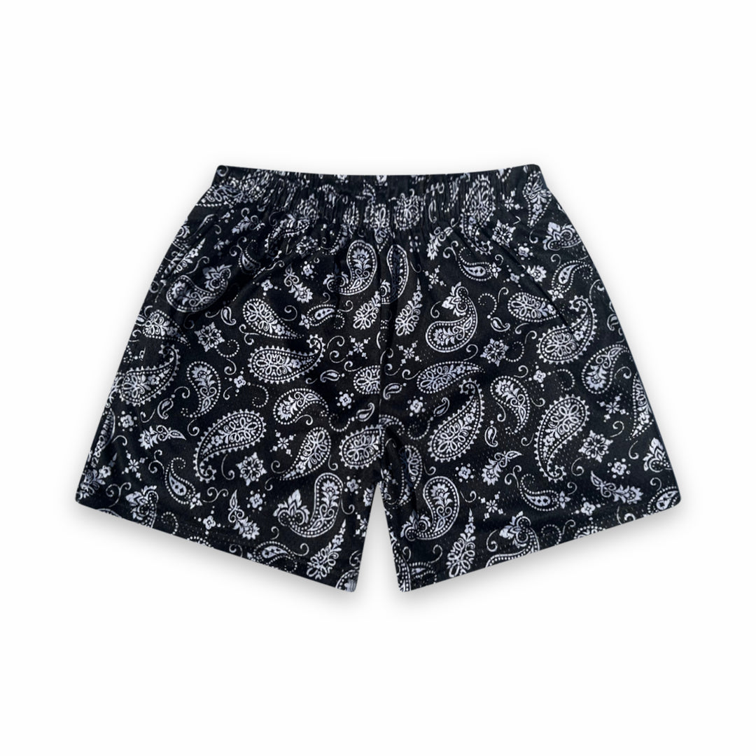 Pantalones cortos de malla - Negro con estampado paisley blanco