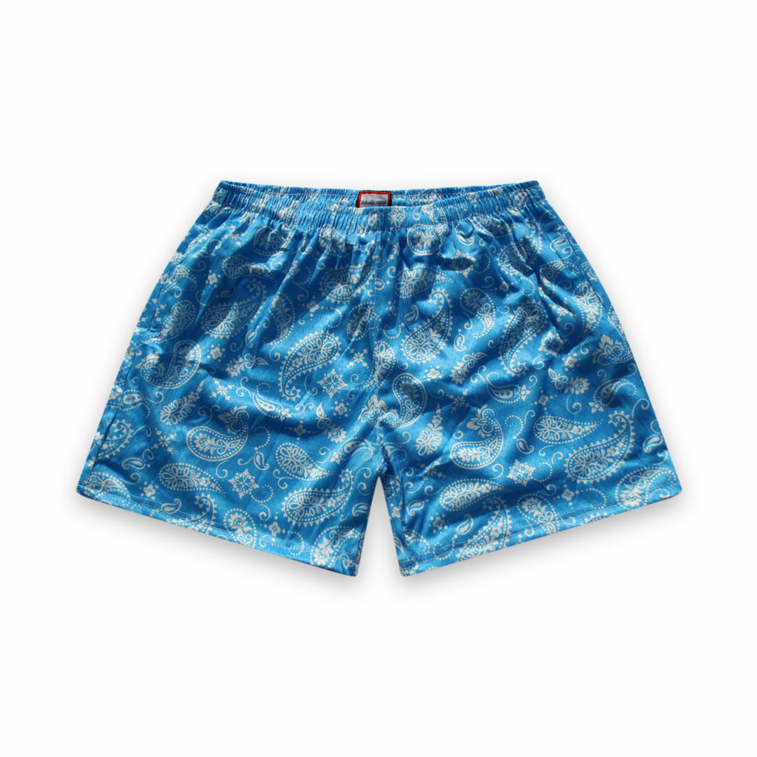 Pantalones cortos de malla: azul bebé con estampado paisley blanco