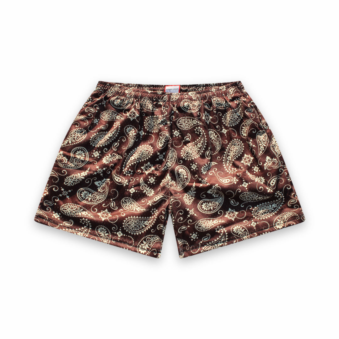 Pantalones cortos de malla de peso pesado: marrón con estampado de cachemira color crema (ENVÍO EL MISMO DÍA)