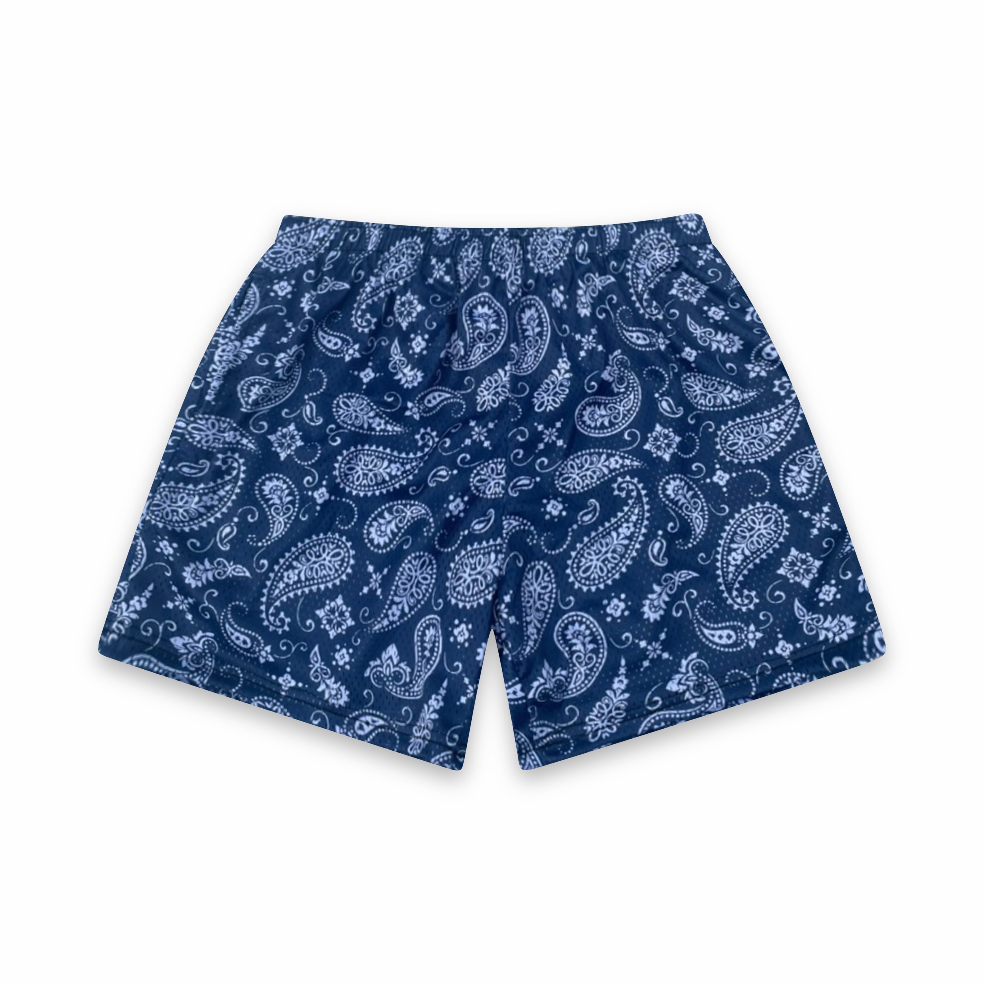 Pantalones cortos de malla de peso pesado: azul real con estampado paisley blanco