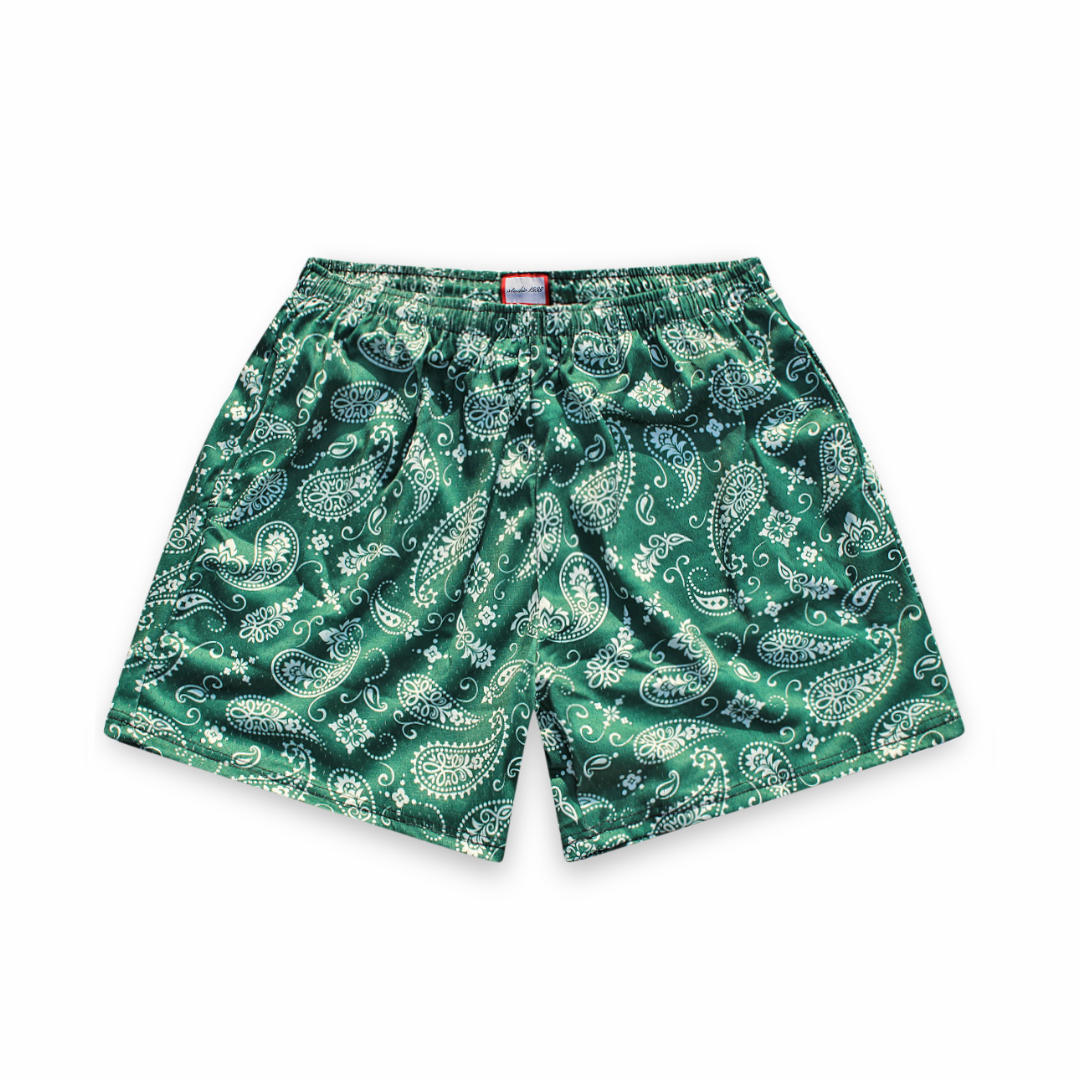 Pantalones cortos de malla de peso pesado: verde con estampado paisley blanco
