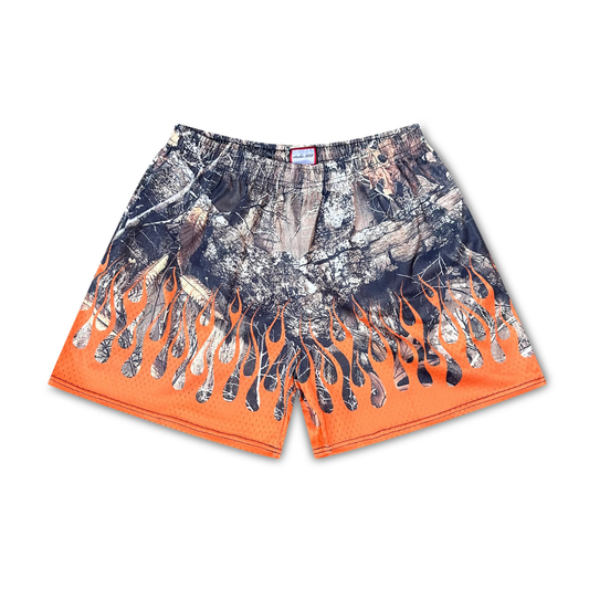 Forest Camo Flames Shorts Orange (SHIPS IN 1 WEEK)